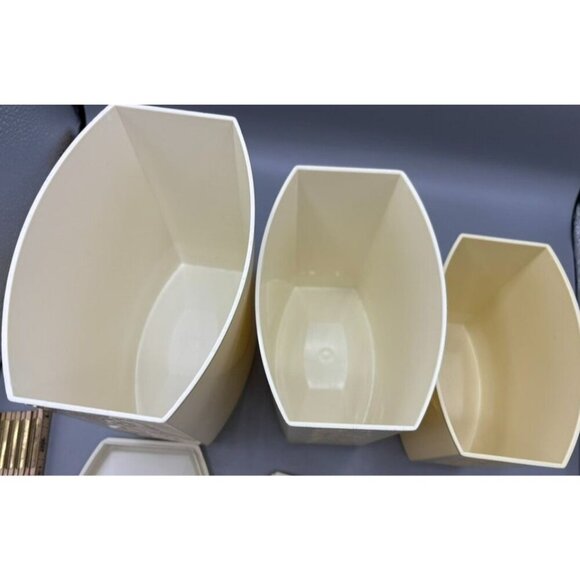 Vintage 1970s Lustroware 3 Pc Canister Set Plastic Floral Beige Nesting - Picture 8 of 11